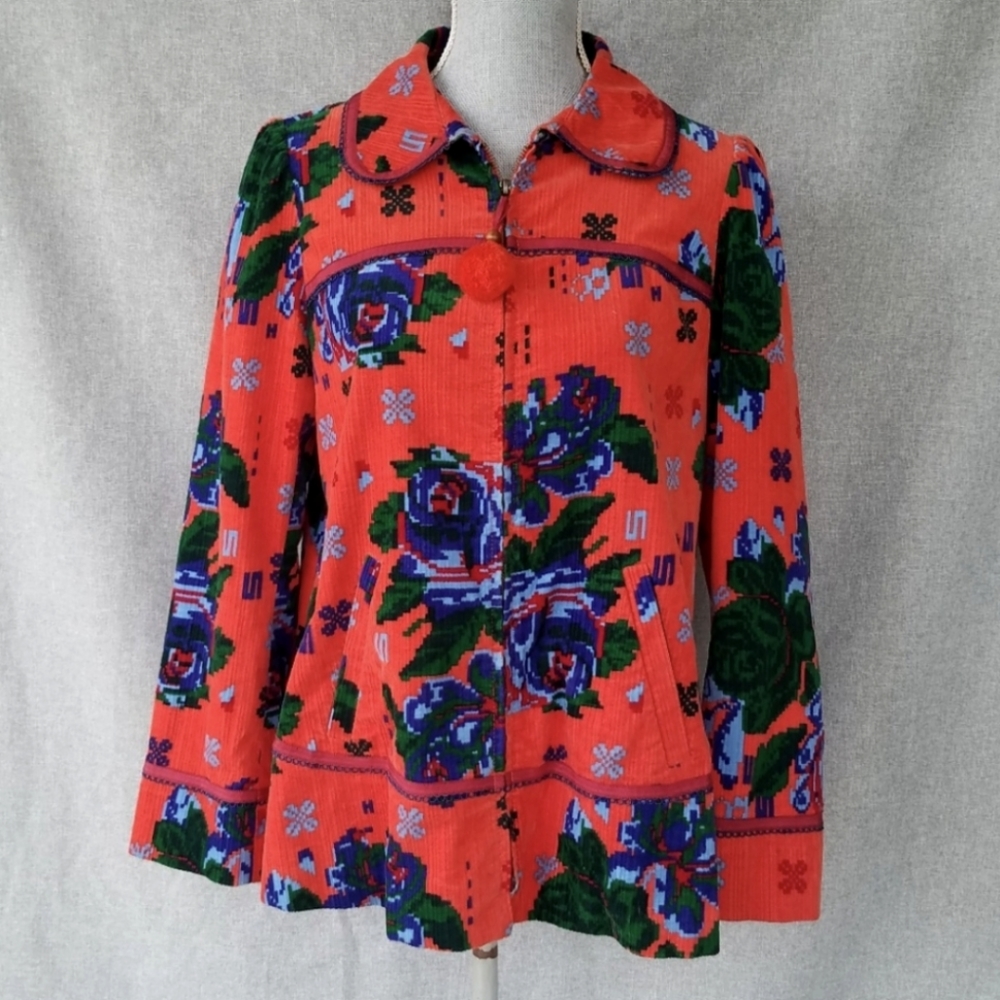 Elevenses Floral Roses Corduroy Pom Pom Jacket Coat